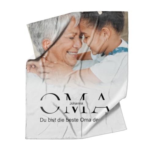 Kuscheldecke Oma 125 x 155 cm - mit Foto und 2 Texten personalisierbar - Fotodecke selbst gestalten - Geschenkidee Muttertag, Geburtstag OMA White von fotobar