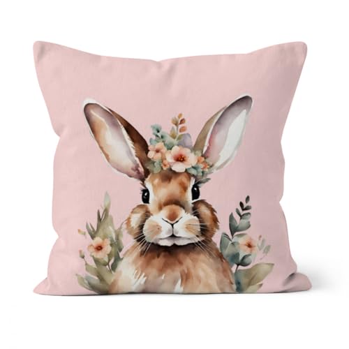 fotobar Kissenbezug Hase mit Blümchen Farbe Rosa, Größe 40 x 40 cm von fotobar