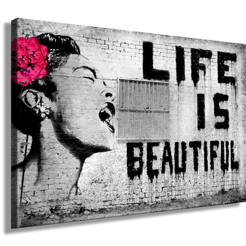 Banksy LIFE IS BEAUTIFUL ; Graffiti Druck auf leinwand - Bild 60x40cm !Nr97361723. Bild fertig auf Keilrahmen ! Pop Art Gemälde Kunstdrucke, Wandbilder, Bilder zur Dekoration - Deko / Top 200 "Banksy" Streetart Wandbilder von fotoleinwand24