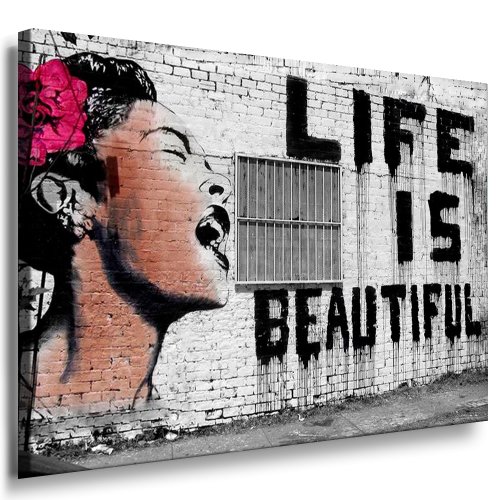 Banksy LIFE IS BEAUTIFUL ; Graffiti Druck auf leinwand FARBIG - Bild 60x40cm !Nr65495689 Bild fertig auf Keilrahmen ! Pop Art Gemälde Kunstdrucke, Wandbilder, Bilder zur Dekoration - Deko / Top 200 "Banksy" Streetart Wandbilder von fotoleinwand24
