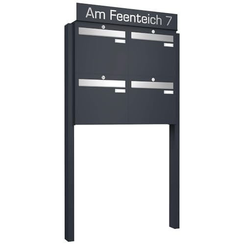 Frabox Briefkastenanlage 4fach Briefkasten freistehend XXL groß personalisiert Standbriefkasten RAL 7016 4 Parteien Postkasten anthrazit-grau Mehrfamilienhaus ohne Zeitungsfach Made in Germany LUIS von frabox