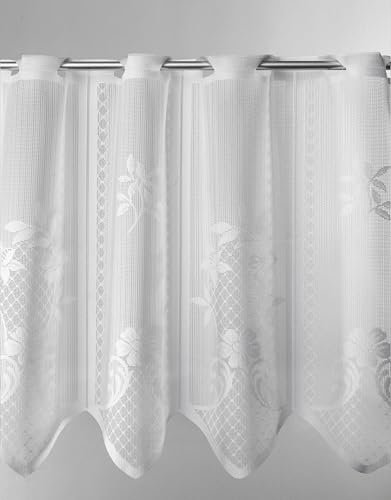 frankgardinen Scheibengardine Jacquard Blumenmuster 120 cm hoch weiß - Wunschbreite frei wählbar durch gekaufte Menge in 18 cm Schritten - Meterware von frankgardinen