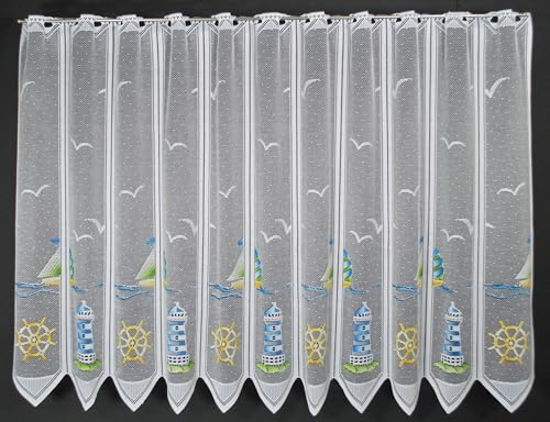 frankgardinen Scheibengardine Leuchtturm 90 cm hoch Blau Grün Gelb - Wunschbreite frei wählbar durch gekaufte Menge in 28,5 cm Schritten - Meterware von frankgardinen