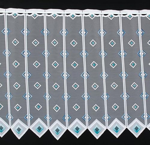 frankgardinen Scheibengardine Quadrate 90 cm hoch weiß blau - Wunschbreite frei wählbar durch gekaufte Menge in 11,5 cm Schritten - Meterware von frankgardinen