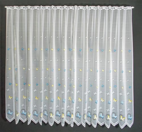 Scheibengardine Schmetterlinge 150 cm hoch weiß mit blau/gelb - Wunschbreite frei wählbar durch gekaufte Menge in 12 cm Schritten - Meterware von frankgardinen