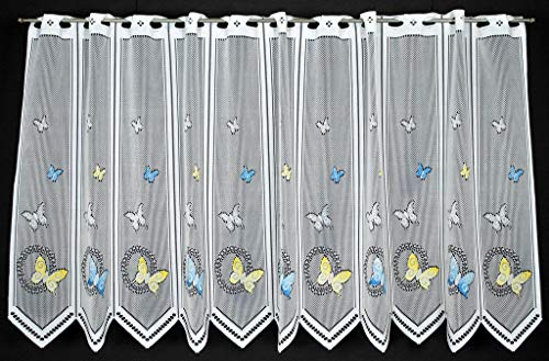 Scheibengardine Schmetterlinge 60 cm hoch weiß mit blau/gelb - Wunschbreite frei wählbar durch gekaufte Menge in 12 cm Schritten - Meterware von frankgardinen