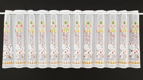 frankgardinen Scheibengardine Vogelhaus und Katze 45 cm hoch weiß bunt - Wunschbreite frei wählbar durch gekaufte Menge in 14 cm Schritten - Meterware von frankgardinen