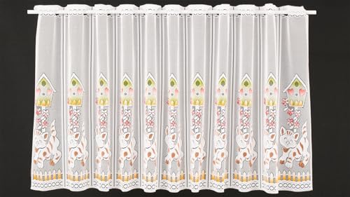 frankgardinen Scheibengardine Vogelhaus und Katze 60 cm hoch weiß bunt - Wunschbreite frei wählbar durch gekaufte Menge in 14 cm Schritten - Meterware von frankgardinen