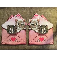 Größen Bis Zu 13 "Vintage 1940Er Jahre Stil Katzen Kätzchen in Brief Umschlag Valentinstag Hand Geschnitten Karton Dekoration, Handwerk Cupcake von frannyfindstreasures