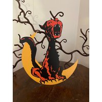 Größen Bis Zu 13 "Vintage Stil Heulen Schwarz Und Orange Katze Sitzt Auf Mond Halloween Hand Geschnitten Karton Dekoration Cupcake Toppers." von frannyfindstreasures