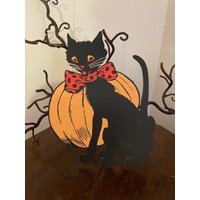Größen Bis Zu 15 "Vintage Style Black Cat Und Red Dot Bow Sitzt Vor Jol Pumpkin Halloween Hand Cut Cardstock Dekoration, Cupcake Toppers von frannyfindstreasures