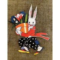 Größen Bis Zu 15 "Vintage-stil Art-Deco-Junge Osterhase Kaninchen Trägt Blumentopf Hand Geschnitten Karton Dekorationskarte, Rahmen, Cupcake Topper von frannyfindstreasures