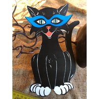 Größen Bis Zu 16 "Vintage Style Black Sitzende Katze, Mod Farbe Groovy Katzenaugen Gläser Halloween Hand Geschnitten Karton Dekoration, Cupcake von frannyfindstreasures