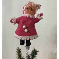 Vintage Mid Century Modern Pink Glitzerte Mrs. Santa Mit Brille Tree Topper Für Regular Full-Size-Baum, Kunststoff Gesicht, 12cm Hoch von frannyfindstreasures