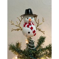 Vintage Style 1960Er Jahre Beflockter Plastik-Schneemann, Strickschal, Zweigarme, Plastikhut-Weihnachtsbaumspitze Für Kleinen Baum, Mini 8, 5 cm Hoch von frannyfindstreasures