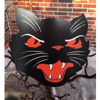 Vintage Style Beistle Angry Scowly Cat, Red Eyes Halloween Diecut Pappdekoration, 15cm von frannyfindstreasures