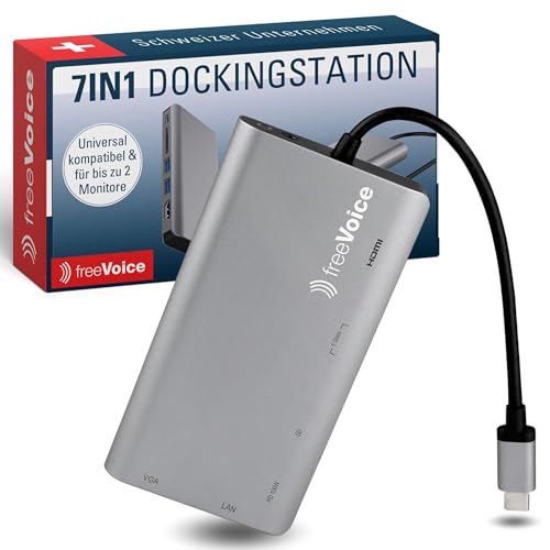 freeVoice Docking Station 7in1 I USB-C Dockingstation 100 Watt I Multiport Adapter für HDMI, VGA, USB-A/C, RJ45 & SD I Laptop Docking Station Dual Monitor I 4k Auflösung von freeVoice