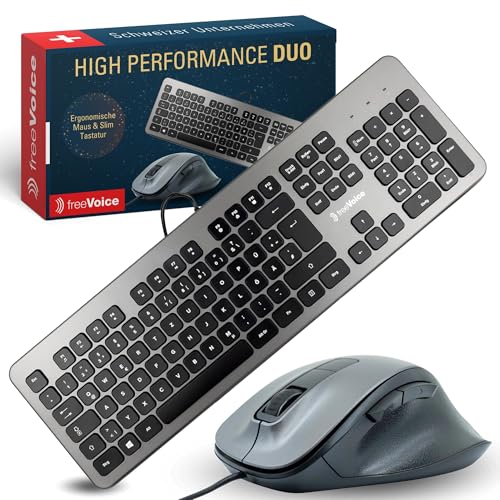 FreeVoice Set Mit PC Tastatur Und Maus - Leise, Rutschfeste Und Flache USB-A Tastatur - Plug & Play Laptop Maus Mit Sensor Für Büro & Home-Office von freeVoice