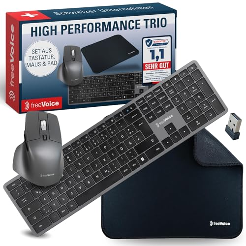 freeVoice Tastatur-Set inkl. Maus & Mauspad I Kabellose Laptop-Tastatur mit Easy-Switch Taste I rutschfeste Schreibtischunterlage für Büro I Flaches Keyboard für Laptop & Computer von freeVoice