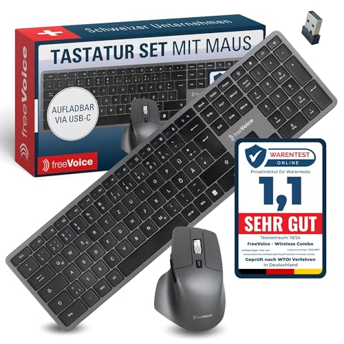 freeVoice Tastatur Maus Set kabellos & wiederaufladbar I Leise Bluetooth Tastatur mit deutschem Layout I Flaches Keyboard inkl. Funkmaus für PC, Laptop, Büro & Home-Office Wireless Keyboard von freeVoice