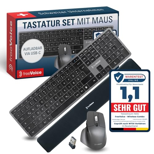 freeVoice Tastatur-Set mit Maus & Handgelenkauflage I Leise & Flache Laptoptastatur mit Easy-Switch-Tasten I Kabellose Tastatur & Computer-Maus I Keyboard mit Handauflage für Büro & Home-Office von freeVoice