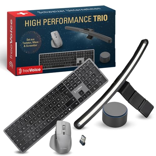freeVoice Tastatur Set mit Maus & Monitorlampe I Kabellose Tastatur inkl. Maus für Laptop & Computer I Blendfreie Anti-Blue-Light Bildschirmlampe mit drahtloser Steuerung & Auto-Dimmer von freeVoice