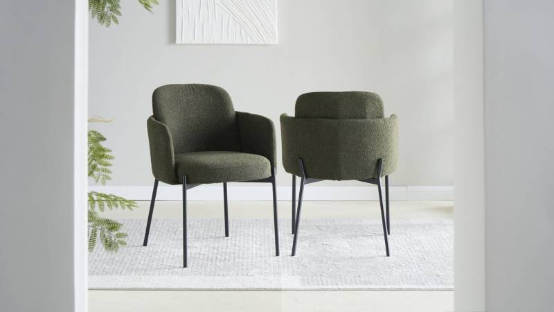 freiraum Armlehnstuhl Flora (2er Set), (2er Set) Federkern, Bouclestoff grün, schwarz - 61x84x63 (BxHxT) von freiraum