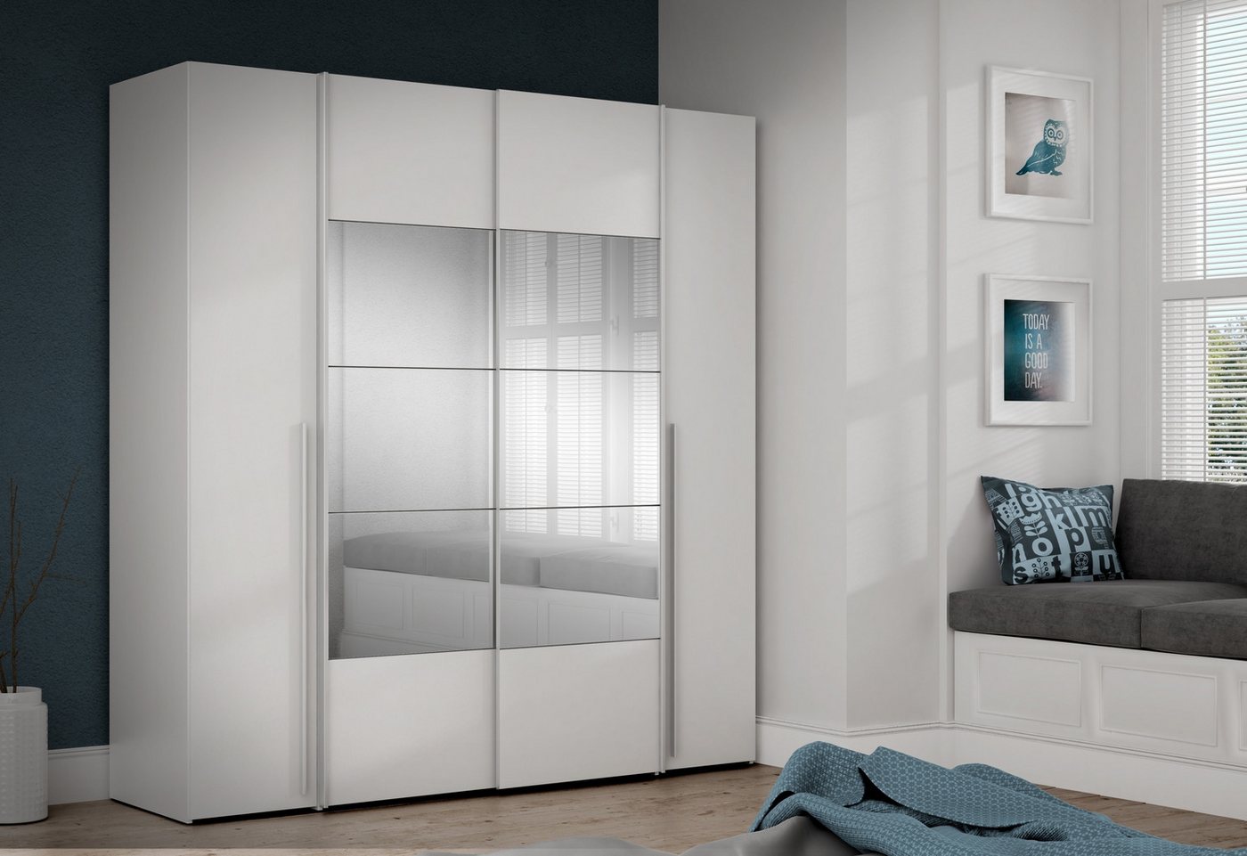 freiraum Dreh-/Schwebetürenschrank Narago inkl. Inneneinteilung, weiß mit Spiegel - 200,1x210,5x61,2cm (BxHxT) von freiraum