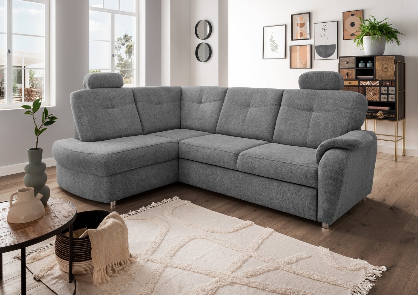 freiraum Ecksofa Elli, Schlaffunktion, Stauraum, 2 Kopfstützen, grau - 264x92x180cm (BxHxT) von freiraum