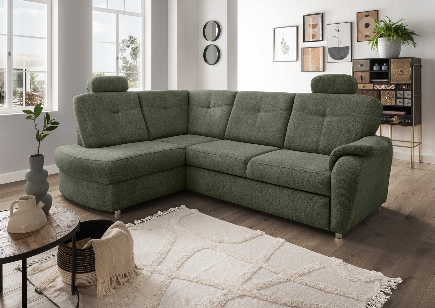 freiraum Ecksofa Elli, Schlaffunktion, Stauraum, Kopfstützen, moosgrün - 264x92x180cm (BxHxT) von freiraum