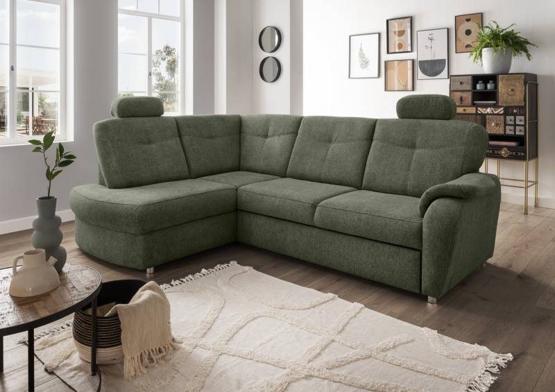 freiraum Ecksofa Elli, Schlaffunktion, Stauraum, Kopfstützen, moosgrün - 264x92x180cm (BxHxT) von freiraum