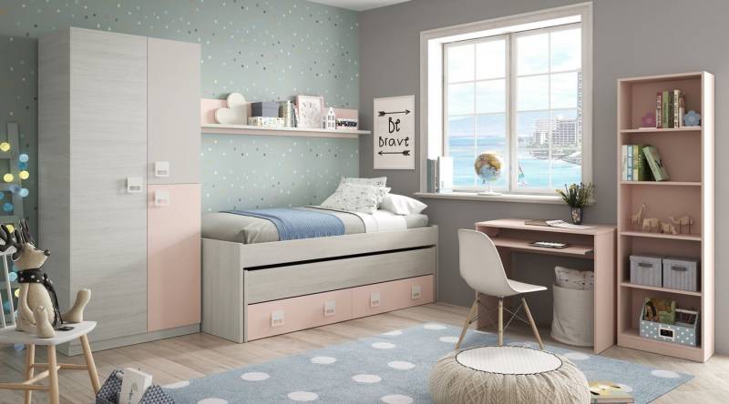 freiraum Jugendzimmer-Set NUBE, in Alpen-Weiß / Grau / Rosa - 199x65x96 (BxHxT) von freiraum