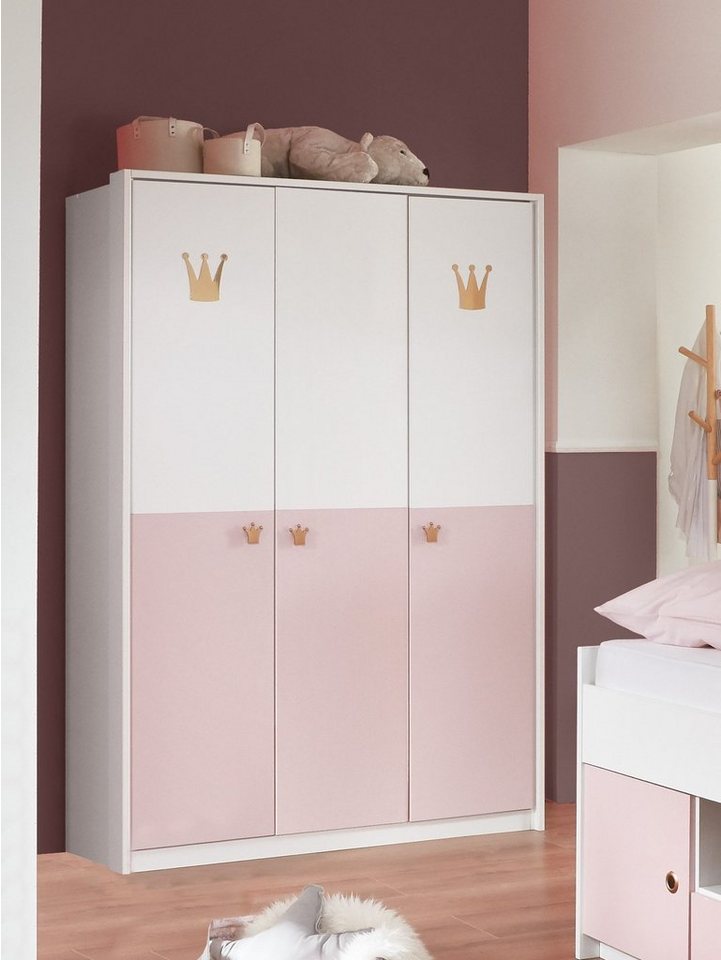 Wimex Kleiderschrank in WEISS + ABSETZUNGEN ROSE mit 3 Türen und 4 Einlegeböden (BxHxT: 139x199x58 cm) von Wimex