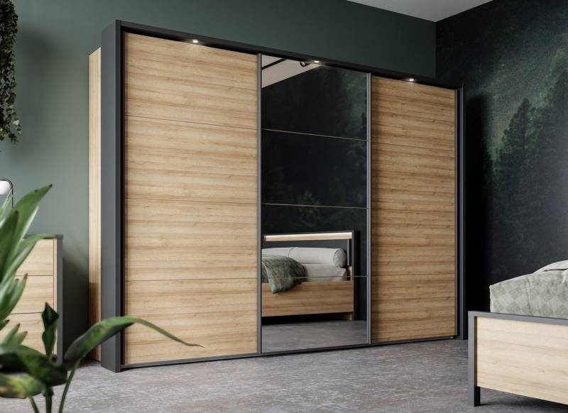 freiraum Schiebetürenschrank HIGH ROCK in Riviera Eiche Dekor mit Spiegel - 269,9x210,5x61,2cm (BxHxT) von freiraum