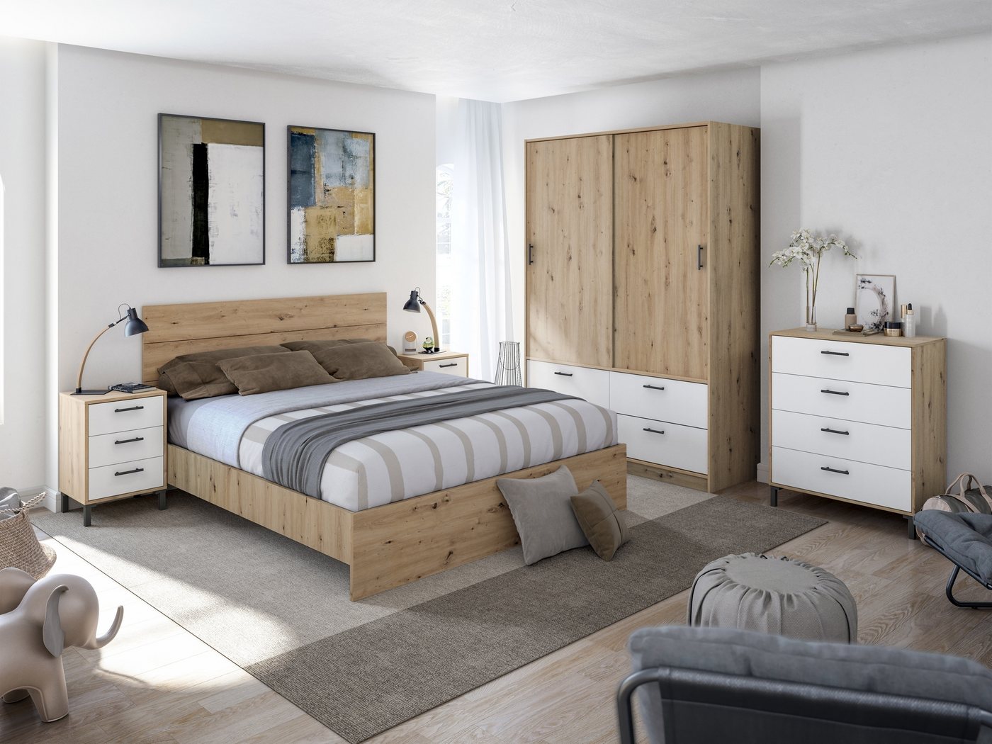 freiraum Schlafzimmer-Set ENZO, (4-tlg), in Nodi Eiche/Artik Weiß - 140x200x60 (BxHxT) von freiraum