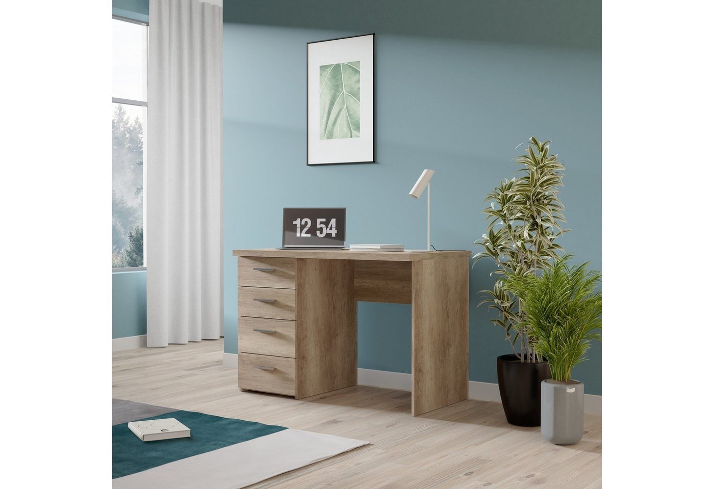 freiraum Schreibtisch NET106, mit 4 Schubladen, in Eiche Antik Dekor - 110x76,5x60cm (BxHxT) von freiraum