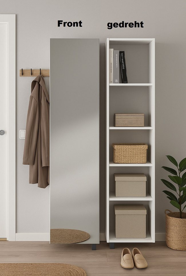 freiraum Schuhschrank Woody drehbar, 5 Fächer, in weiss / Spiegel - 34x190x27 (BxHxT) von freiraum