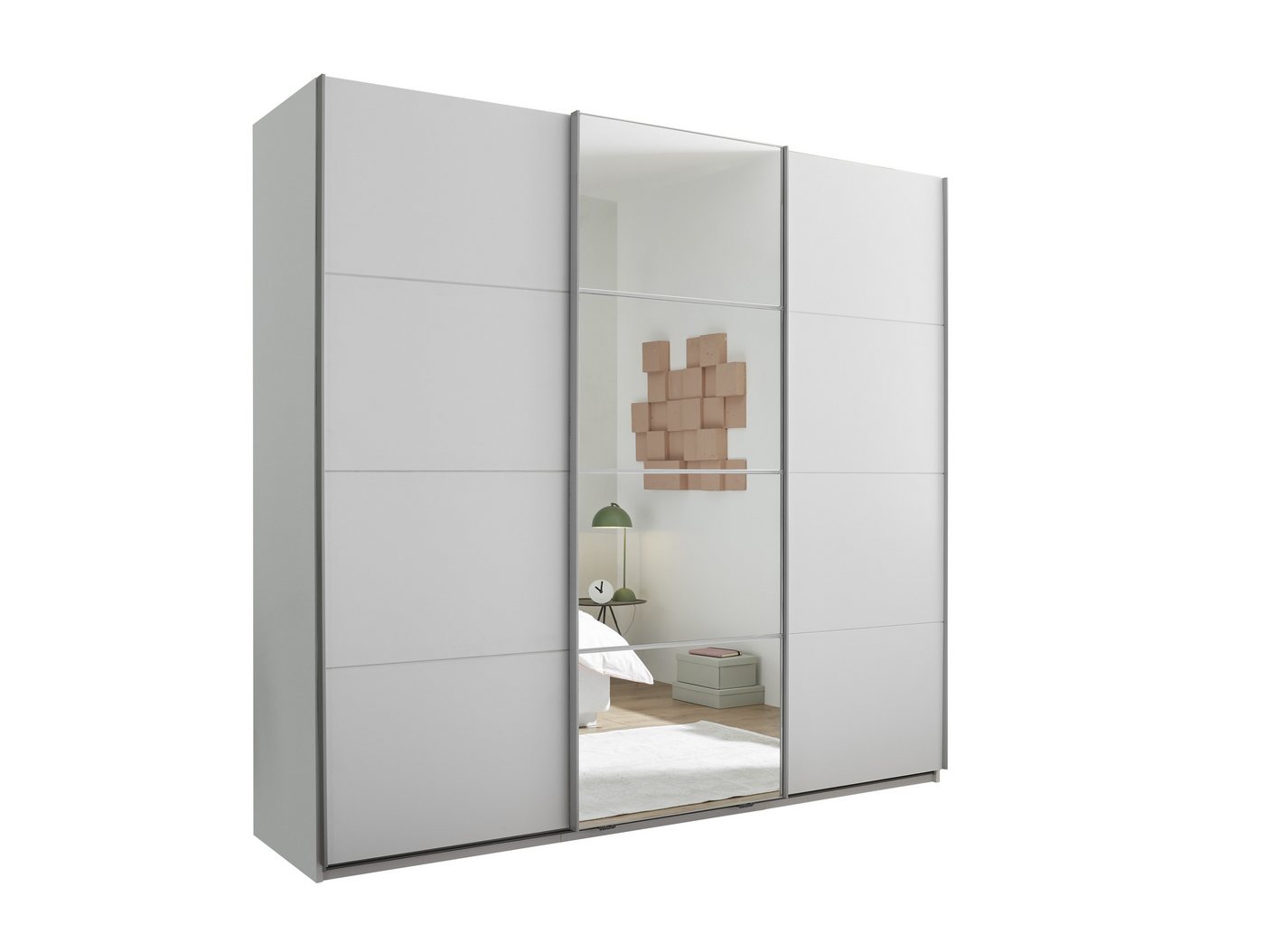 freiraum Schwebetürenschrank Carano 3 Stangen, 5 Böden, 3 Schübe, Weiß / Spiegel - 215x204x63cm (BxHxT) von freiraum