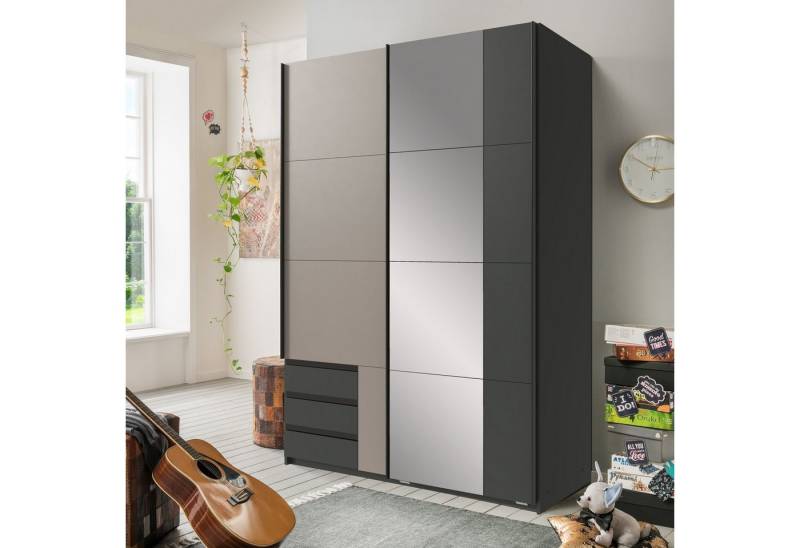 freiraum Schwebetürenschrank Emden 3 Schübe, Spiegel / GRAPHIT + SAHARAGRAU - 135x198x65cm (BxHxT) von freiraum