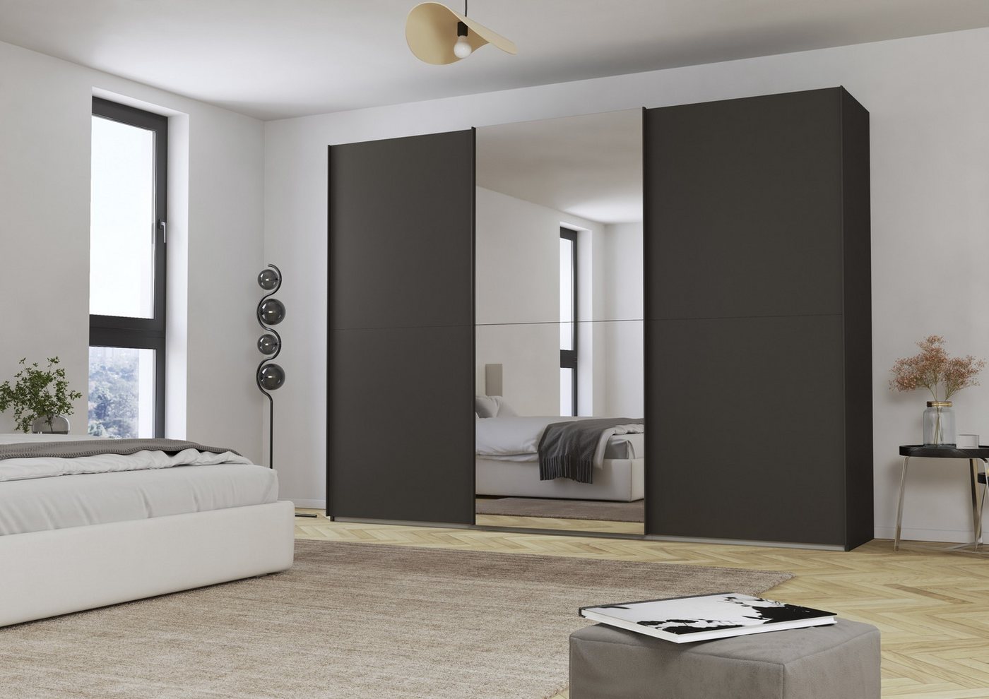 freiraum Schwebetürenschrank Fifty Spiegel, 3 Böden, 3 Kleiderstangen, graphit - 301x223x66cm (BxHxT) von freiraum