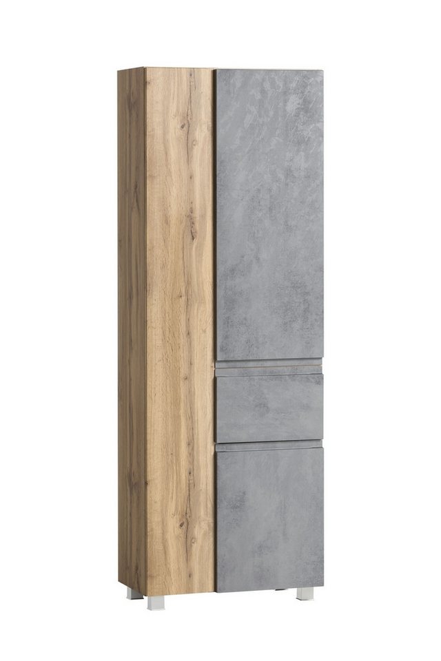 freiraum Seitenschrank Paris in Betongrau / Wotaneiche, MDF - 65x180x35cm (BxHxT) von freiraum