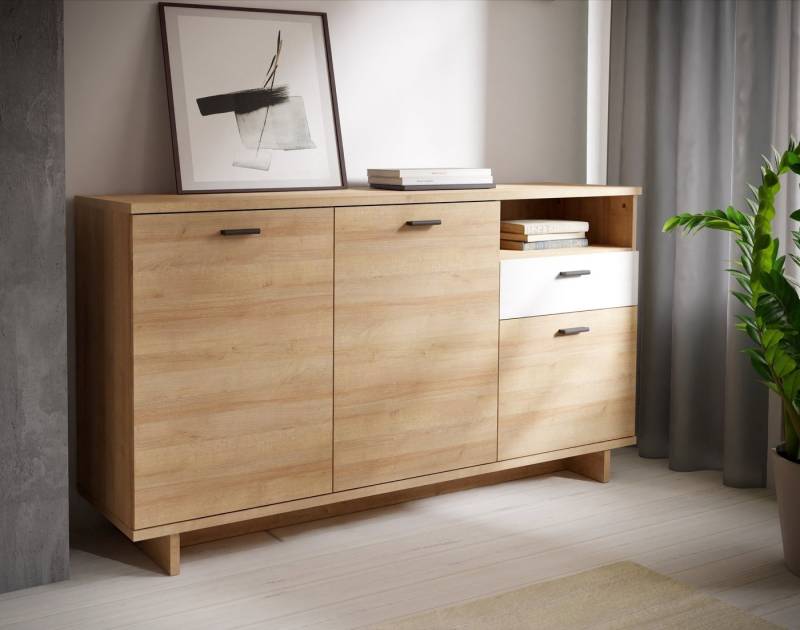 freiraum Sideboard CHESAPEAKE, Schnee Eiche/ Riviera Eiche Dekor, 3 Türen - 149,6x85,7x41,3cm (BxHxT) von freiraum