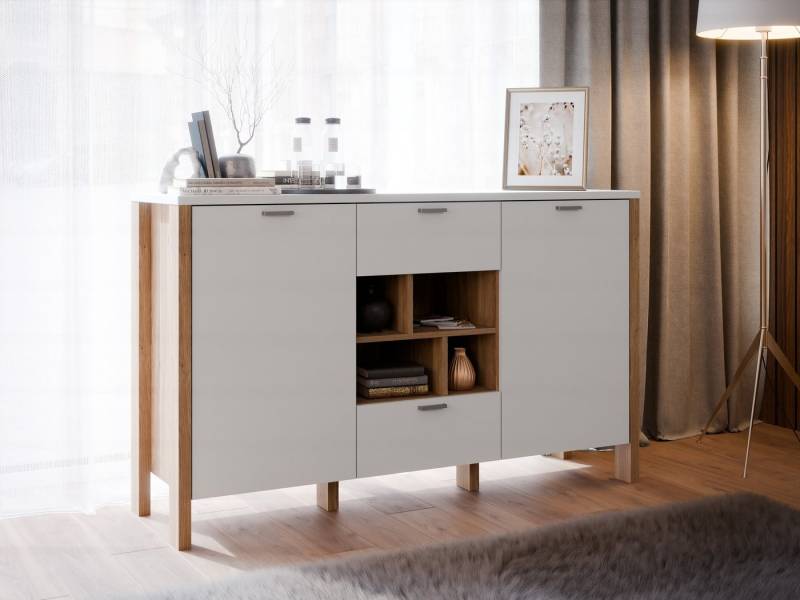 freiraum Sideboard Saitama, 2 Türen, 2 Schübe, Mauvella Eiche / grey - 141,4x86,8x41,6cm (BxHxT) von freiraum