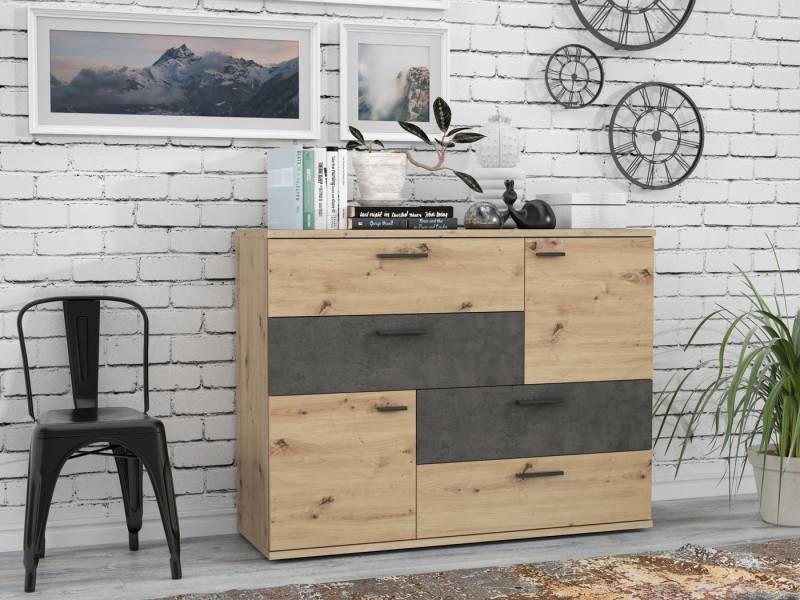 freiraum Sideboard Skive, 4 Schübe, Betonoptik / Artisan Eiche Dekor - 124,9x95,9x41,3cm B/H/T von freiraum