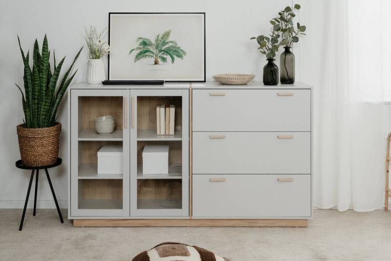 freiraum Sideboard Split, 2 Glastüren, 3 Schübe, 2 Böden, grau/Eiche Dekor - 162,5x94x40cm BxHxT von freiraum