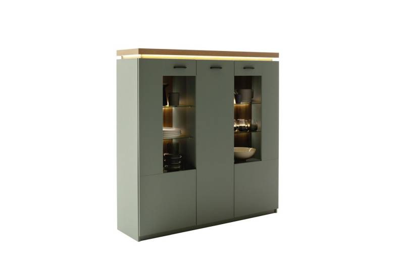 freiraum Stauraumvitrine MONIZ 3 Türen, LED, Salbei grün/ Eichenfarben Dekor - 138x144x38 (BxHxT) von freiraum