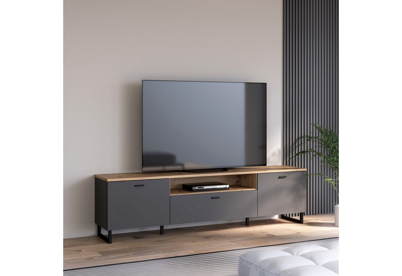 freiraum TV-Schrank LEOKADIA in Artisan Eiche Dekor / grau - 214,8x57,7x41,3cm (B/H/T) von freiraum