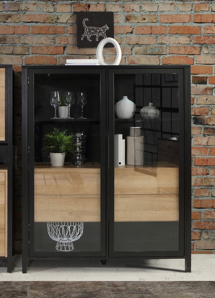 freiraum Vitrine HIGH ROCK in Schwarz / Riviera Eiche Dekor - 121,3x152,3x40,2cm (BxHxT) von freiraum