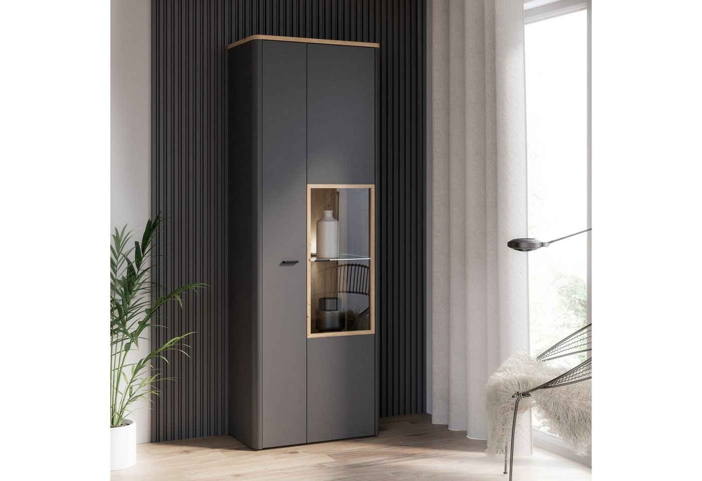 freiraum Vitrine LEOKADIA in Artisan Eiche Dekor / grau - 73,2x211,1x41,4 (B/H/T) von freiraum