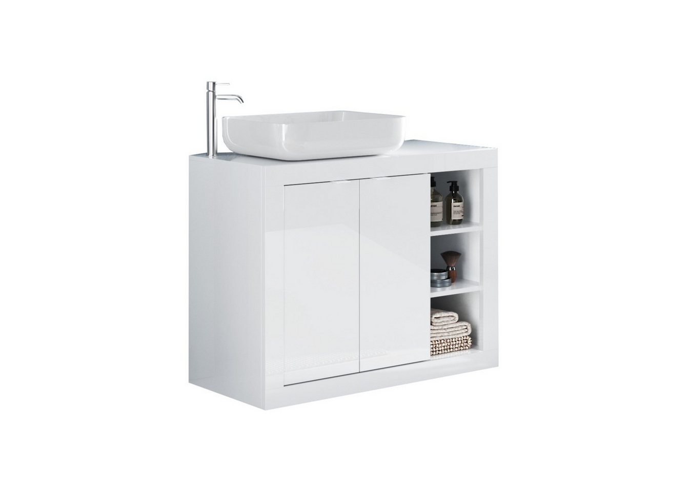 freiraum Waschbeckenunterschrank BASIC mit Keramik-Becken, in weiß hochglanz - 92x90x47 (BxHxT) von freiraum